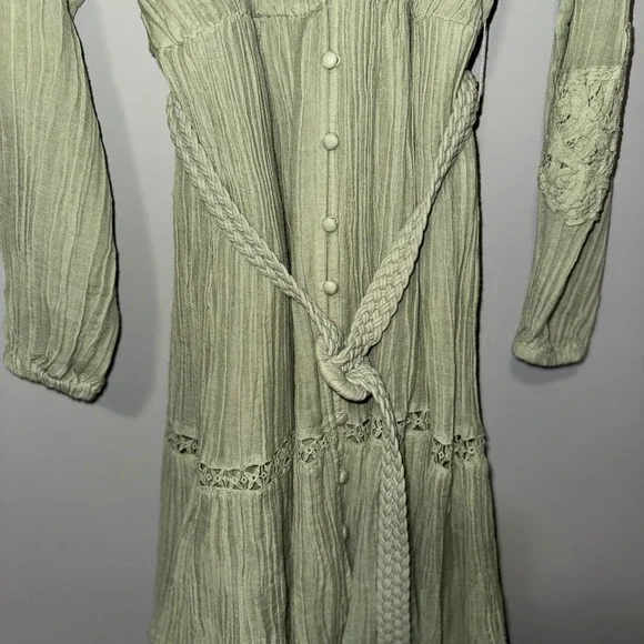 GUESS Green Lace Trim Button Front Midi Dress Belted Long Sleeve Boho Size M - Picture 4 of 6